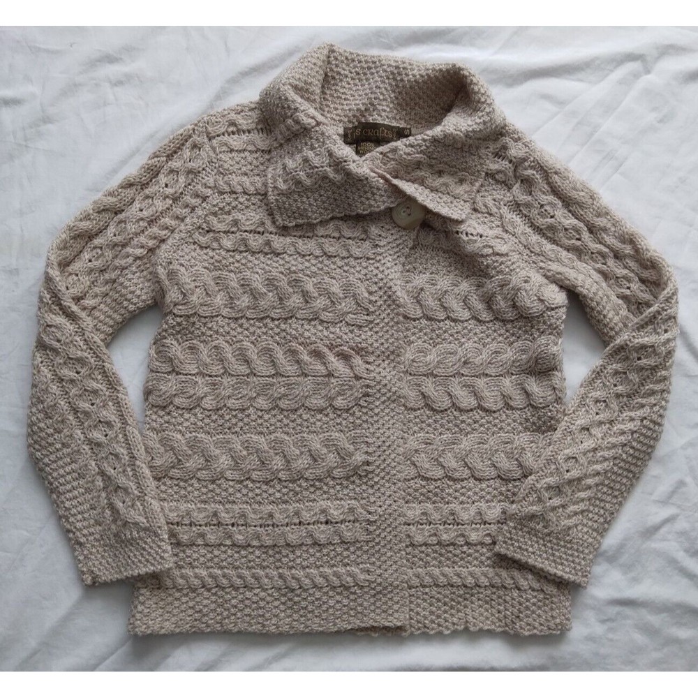Inis Crafts Merino Wool Irish Fisherman Cable Knit Cardigan Sweater Women Size S - Picture 1 of 5